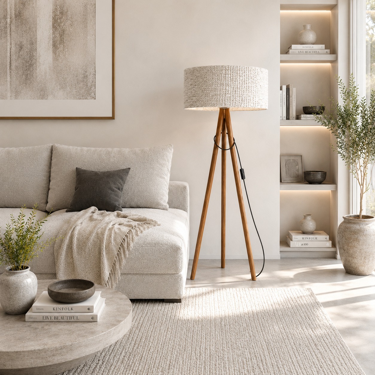 LUMIZEN - Lampadaire Scandinave en Bois - Tissu Peluche Coloris Grège