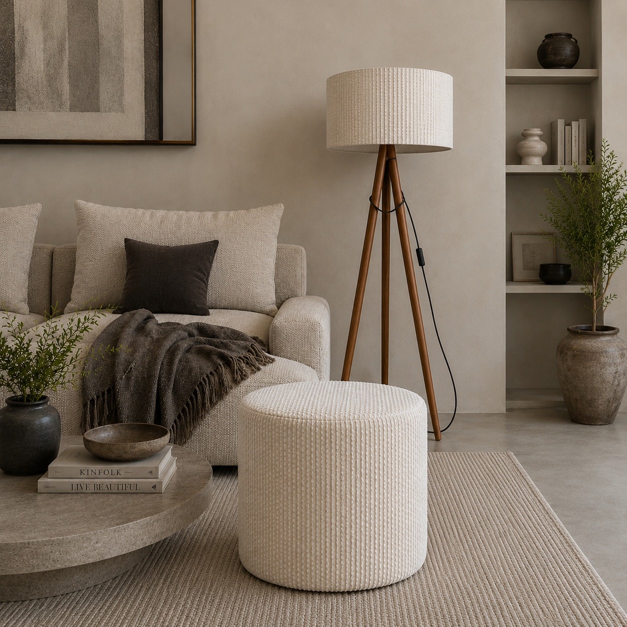 LUMIZEN – Lampadaire Scandinave en Bois – Tissu Peluche Coloris Blanc Sale