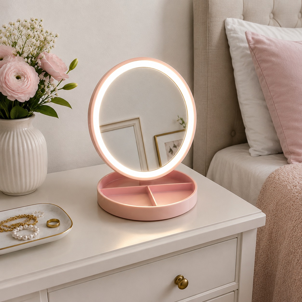 ARCADO - Miroir LED Rond avec Rangement Intégré - Rose