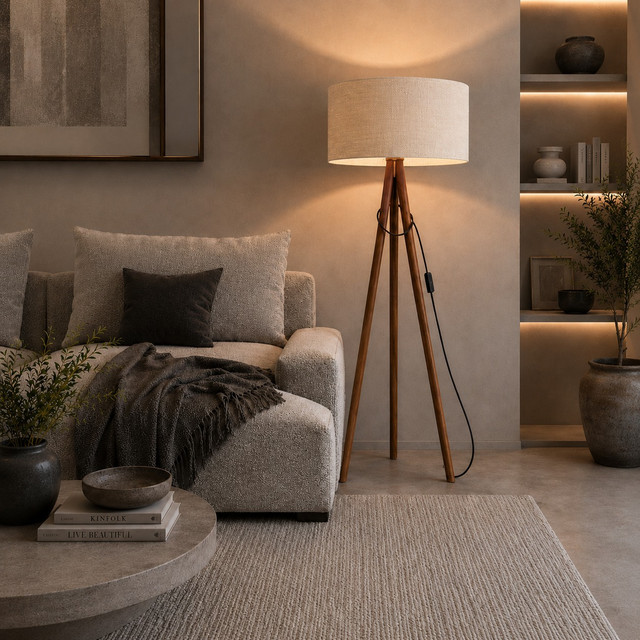 LUMIZEN – Lampadaire Scandinave en Bois – Tissu Peluche Coloris Beige