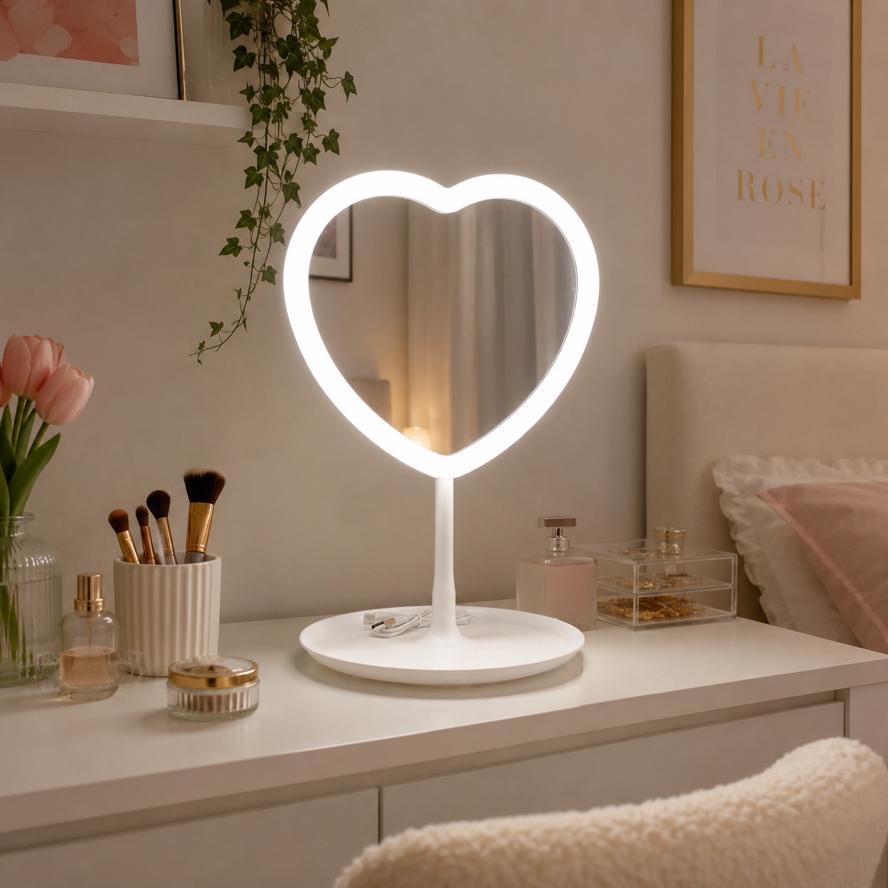 ARCADO – Miroir LED Cœur avec Plateau de Rangement – Blanc