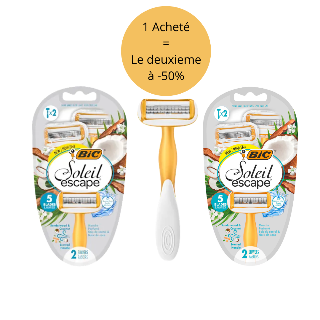 Bic – Pack Soleil Escape rasoirs pour femmes 5 Lames avec manche parfumé au bois de santal et à la noix de coco – ( 1 Unité acheté = le 2-ème à 50%)