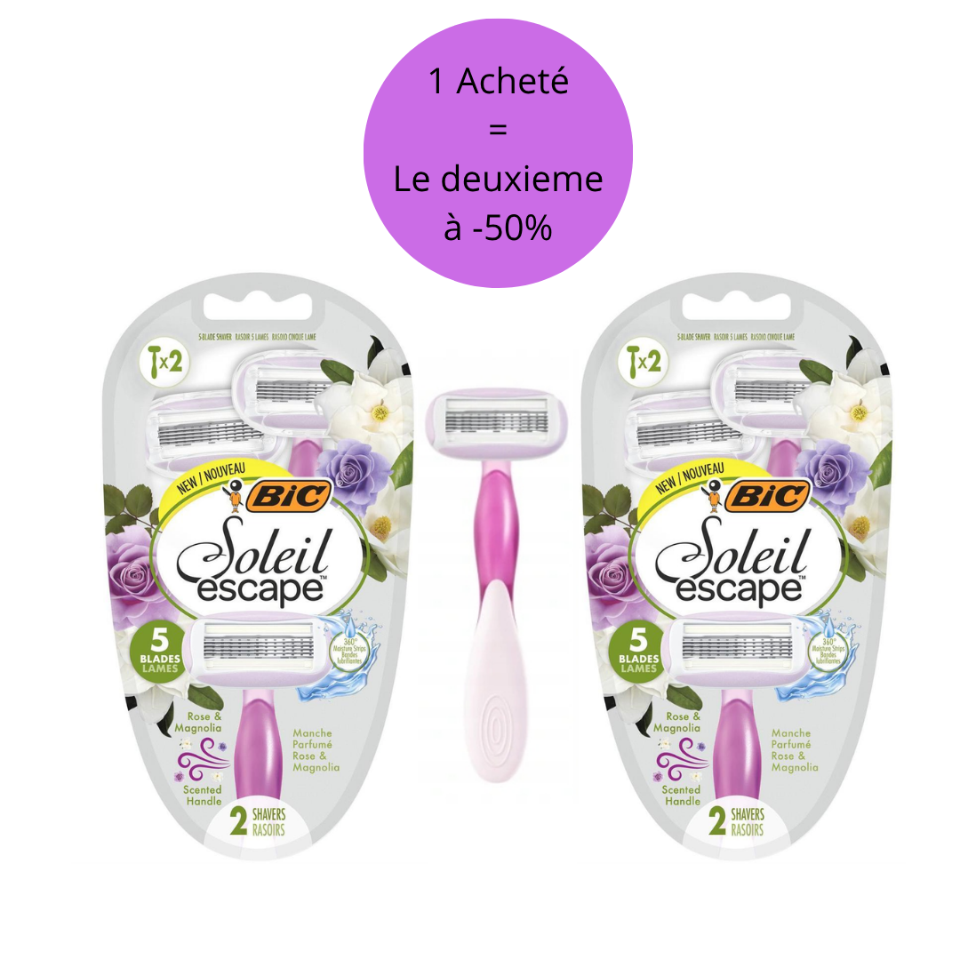 Bic – Pack Soleil Escape rasoirs pour femmes 5 Lames Rose & Magnolia avec bande lubrifiante enrichie en huile d’amande douce – ( 1 Unité acheté = 2-ème à 50%)