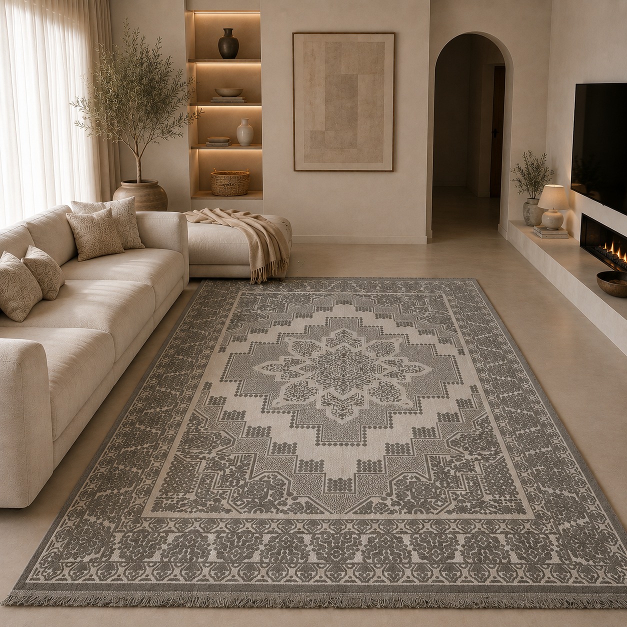All&More – Tapis Margoum Moderne M35 Style Traditionnel Chic 2M x 3M – Gris & Beige