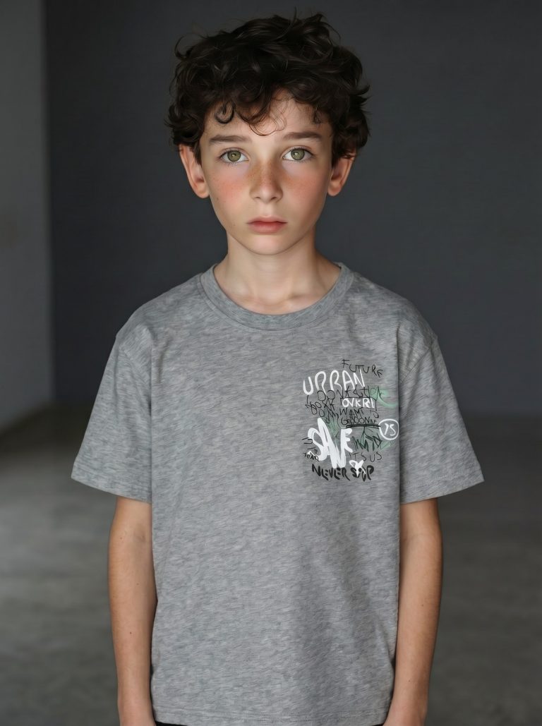 White Pigeon - T-SHIRT GARCON MANCHE COURTE 100 % COTON - Gris Chiné