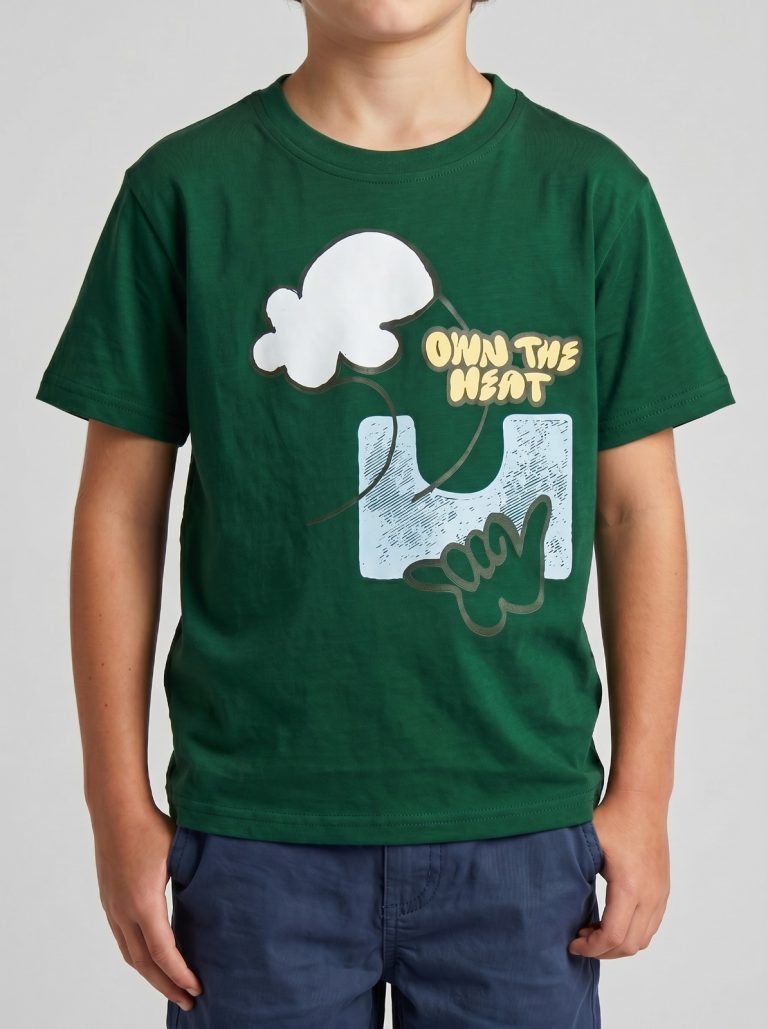 "White Pigeon - T-SHIRT GARCON MANCHE COURTE 100 % COTON ""Own The Heat"" - Vert"