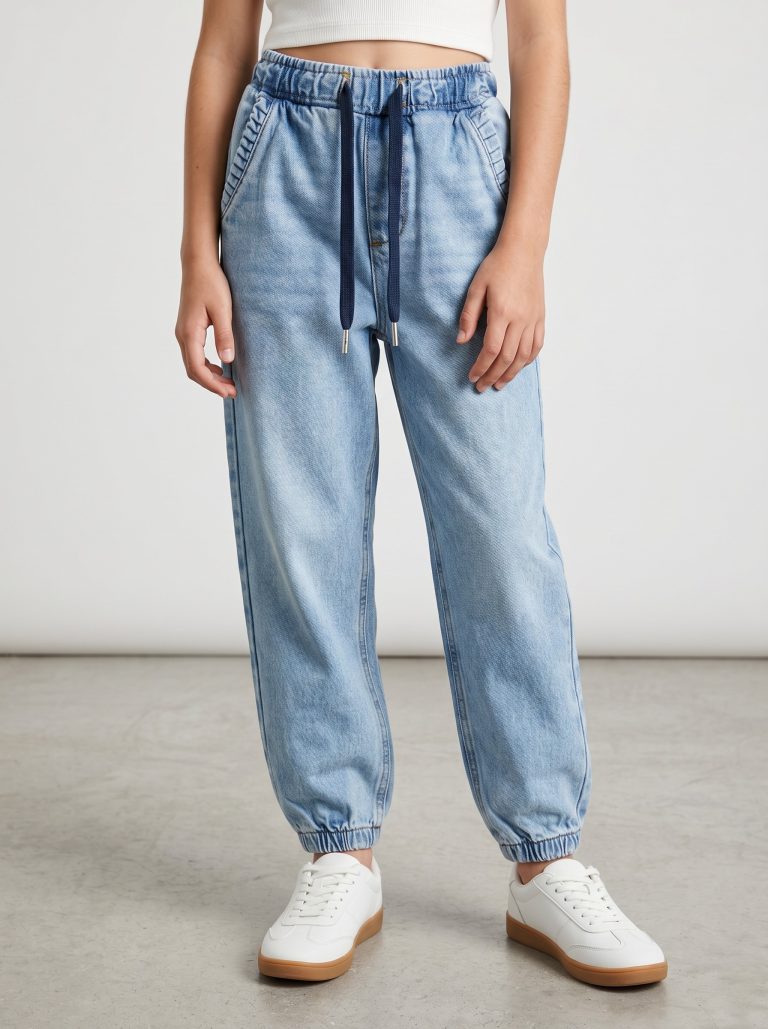 White Pigeon - JEAN JOGGER FILLETTE STONE WASH ÉLASTIQUE ET CORDON 100% COTON - STONE WASH
