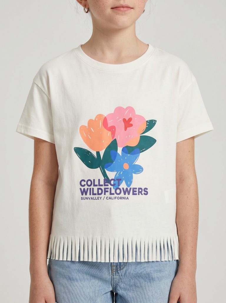"White Pigeon - T-SHIRT FILLETTE MANCHE COURTE 100% COTON ""Collect Wildflowers"" - Blanc"
