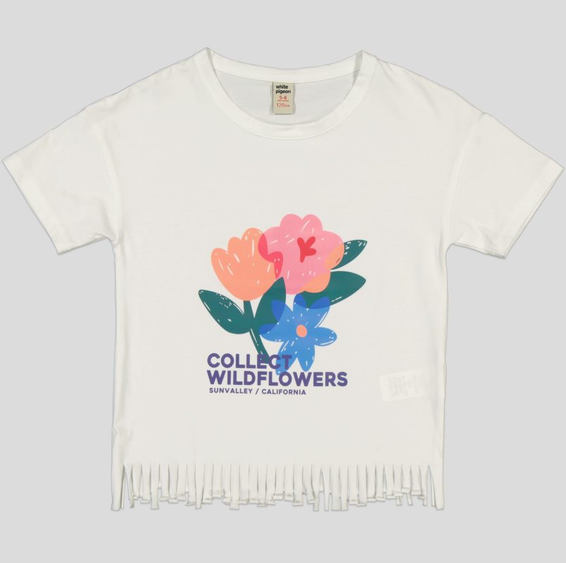 "White Pigeon - T-SHIRT FILLETTE MANCHE COURTE 100% COTON ""Collect Wildflowers"" - Blanc" 2