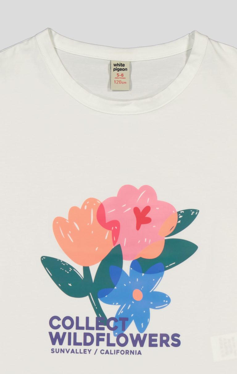 "White Pigeon - T-SHIRT FILLETTE MANCHE COURTE 100% COTON ""Collect Wildflowers"" - Blanc" 3