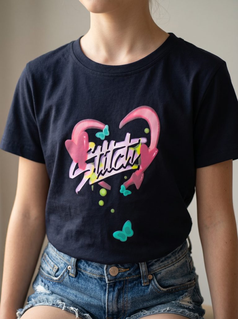 "White Pigeon - T-SHIRT FILLETTE MANCHE COURTE 100% COTON""Stitch"" - DARK NAVY"