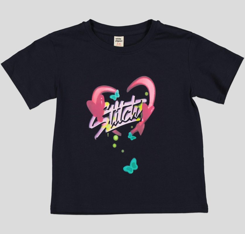 "White Pigeon - T-SHIRT FILLETTE MANCHE COURTE 100% COTON""Stitch"" - DARK NAVY" 2
