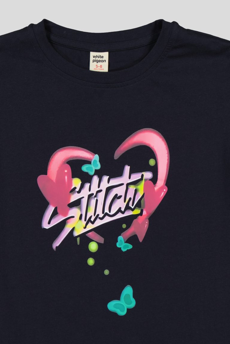 "White Pigeon - T-SHIRT FILLETTE MANCHE COURTE 100% COTON""Stitch"" - DARK NAVY" 3