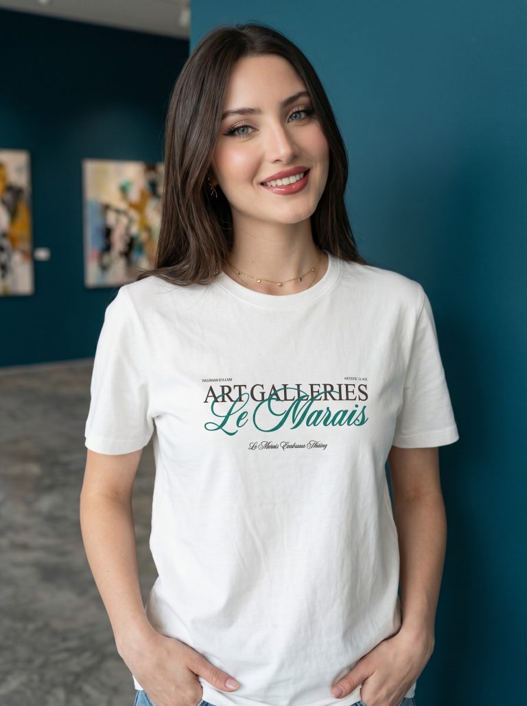 "White Pigeon - T-SHIRT FEMME MANCHE COURTE 100% COTON""Art Galleries"" - Blanc"