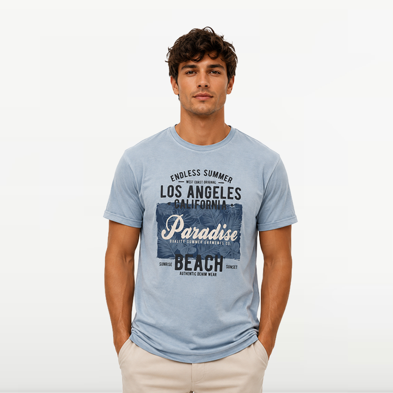 "MB - T-shirt d'éte Pour Homme ""Los Angeles Beach"" - Bleu Ciel"