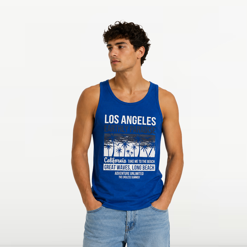 "MB - Débardeur d'éte Pour Homme "" Los Angeles Earthly Paradise"" - Bleu Pic"