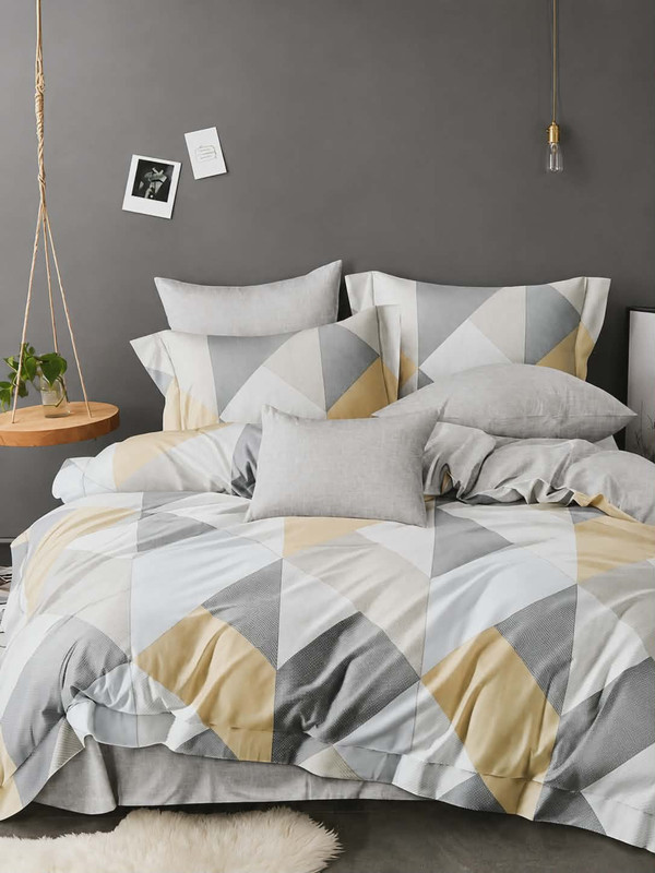 CASA NOVA - Parure De Lit 2 Places En Polycoton M12 Motif Triangle - Gris & Jaune