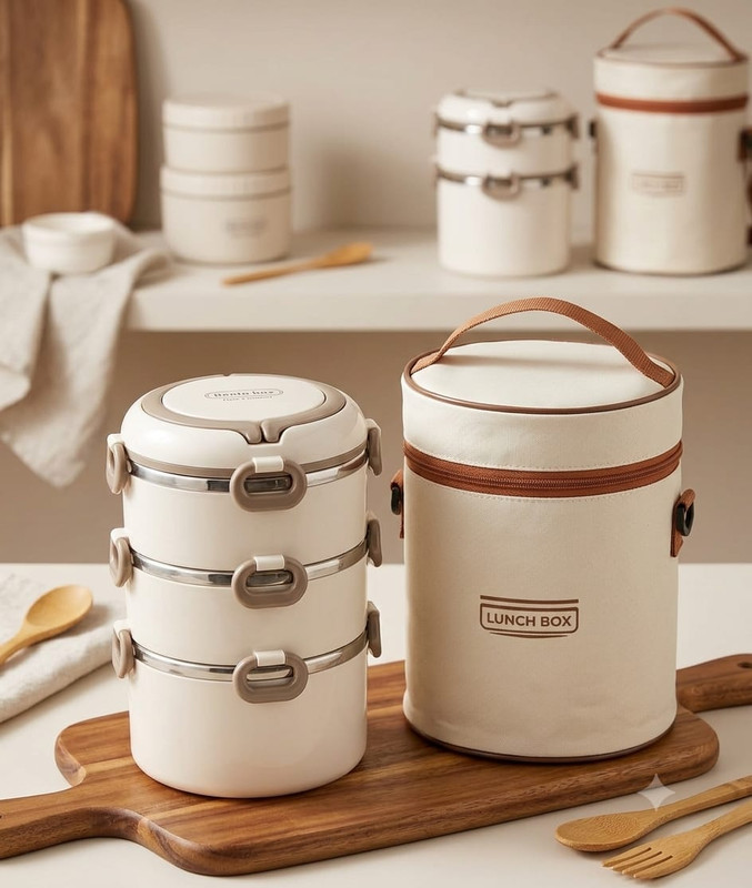 NEST - Lunch Box Isotherme 3 Compartiments en Acier Inoxydable avec Sac Isotherme - Beige