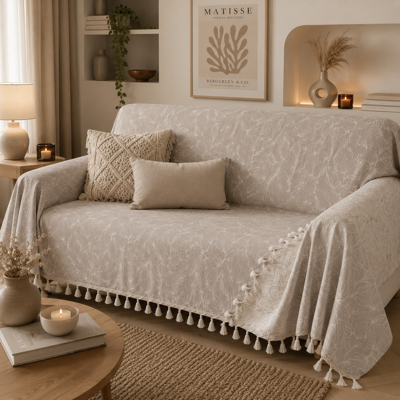 All&More - Jeté de Canapé Double Face Tissu Jacquard Tissé JT002 Motifs Motifs Feuillage & Pompons 1,6 x 2,5 m - Beige