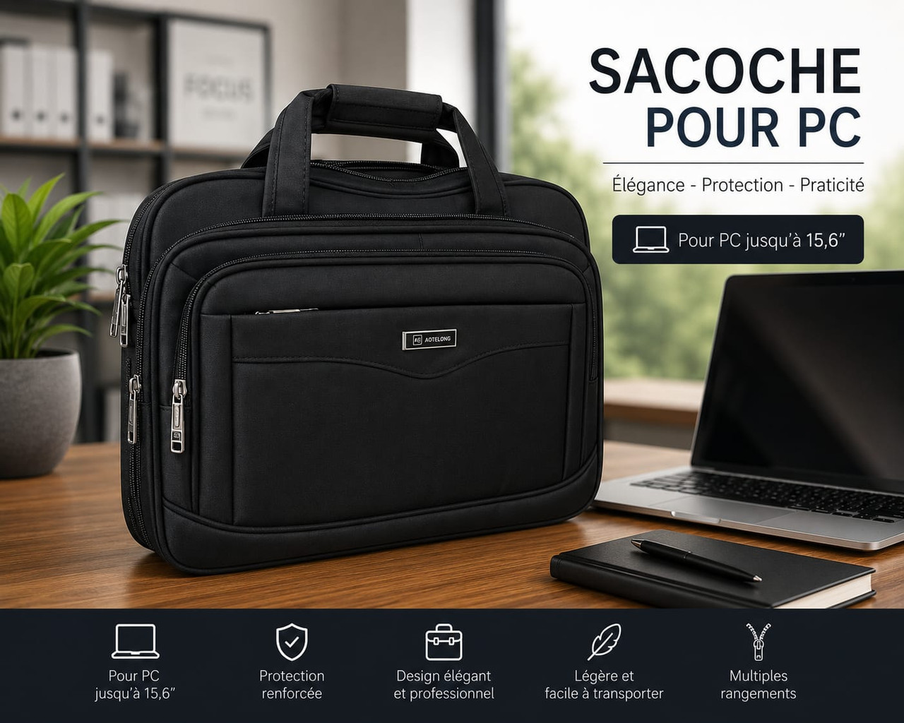 Aotelong - Sacoche pour PC Portable 15,6 Résistante et Multi Rangements - Noir