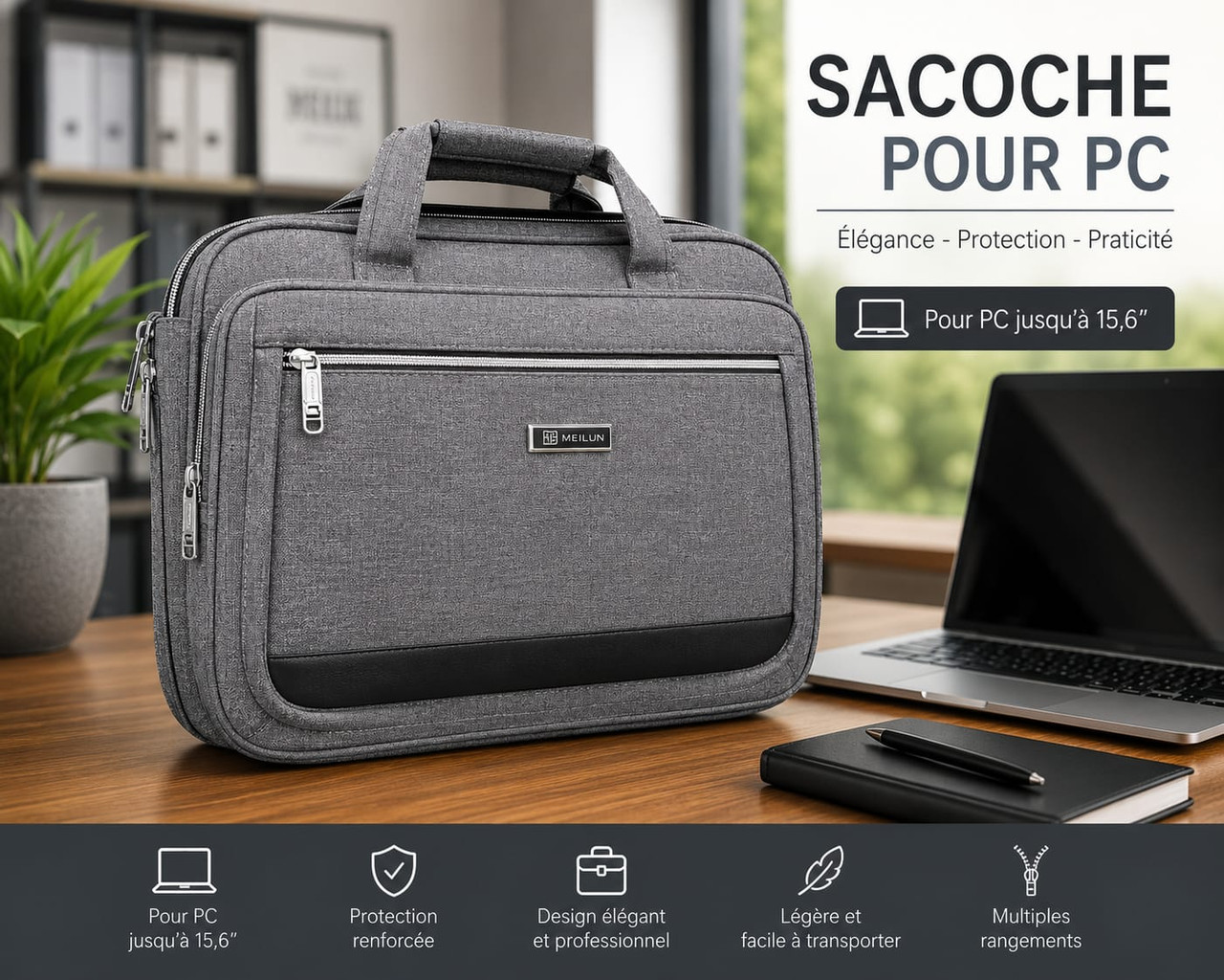 Aotelong - Sacoche pour PC Portable 15,6 Résistante et Multi-Rangements - Gris