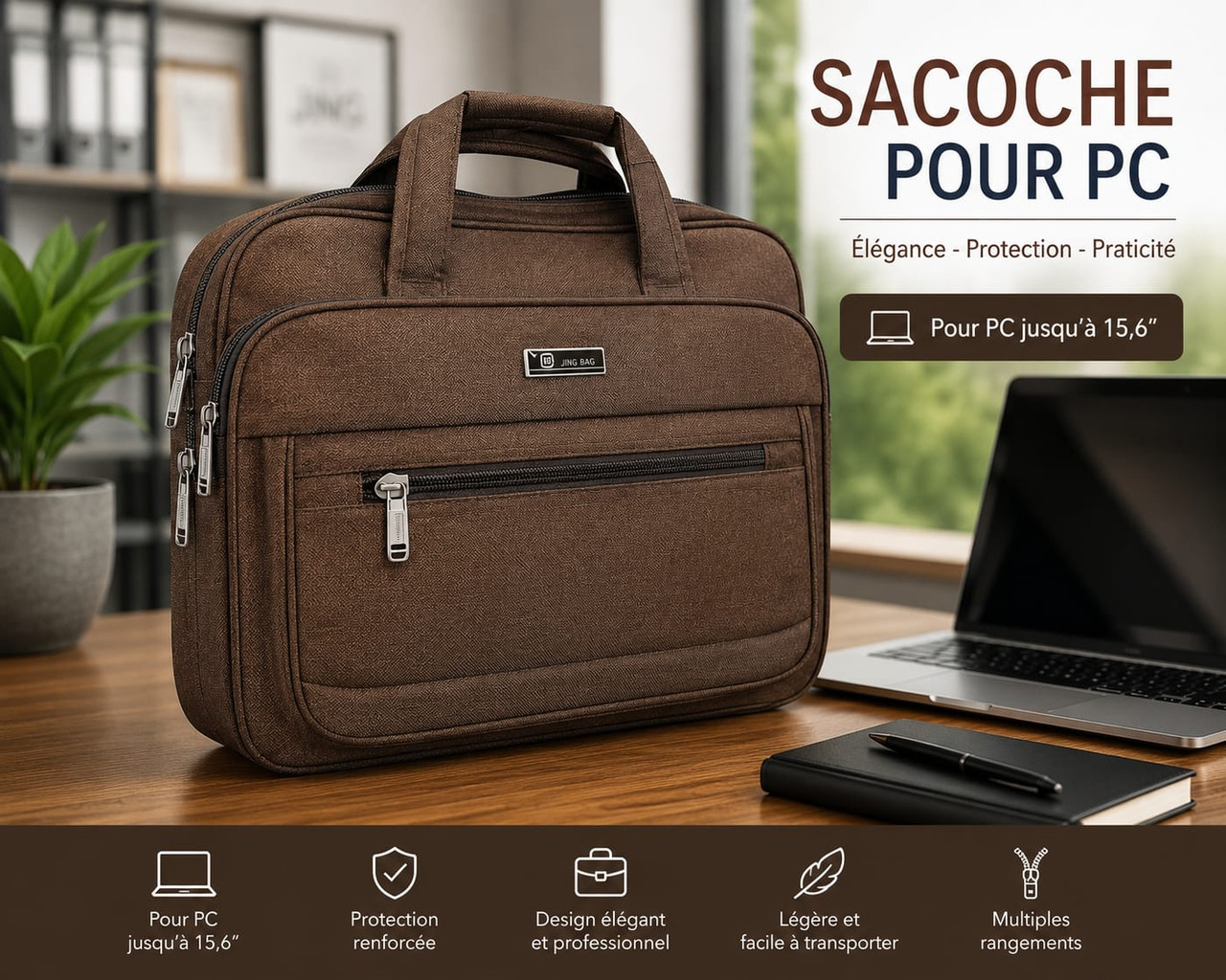 Aotelong - Sacoche pour PC Portable 15,6 Résistante et Multi-Rangements - Marron