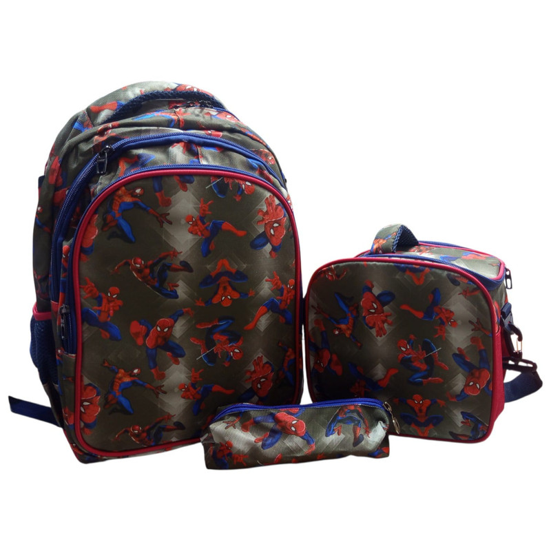 LEATHER - Cartable Scolaire 3 Pièces - Cartable + Trousse + Porte-Goûter Isotherme - Motif Spiderman - Gris