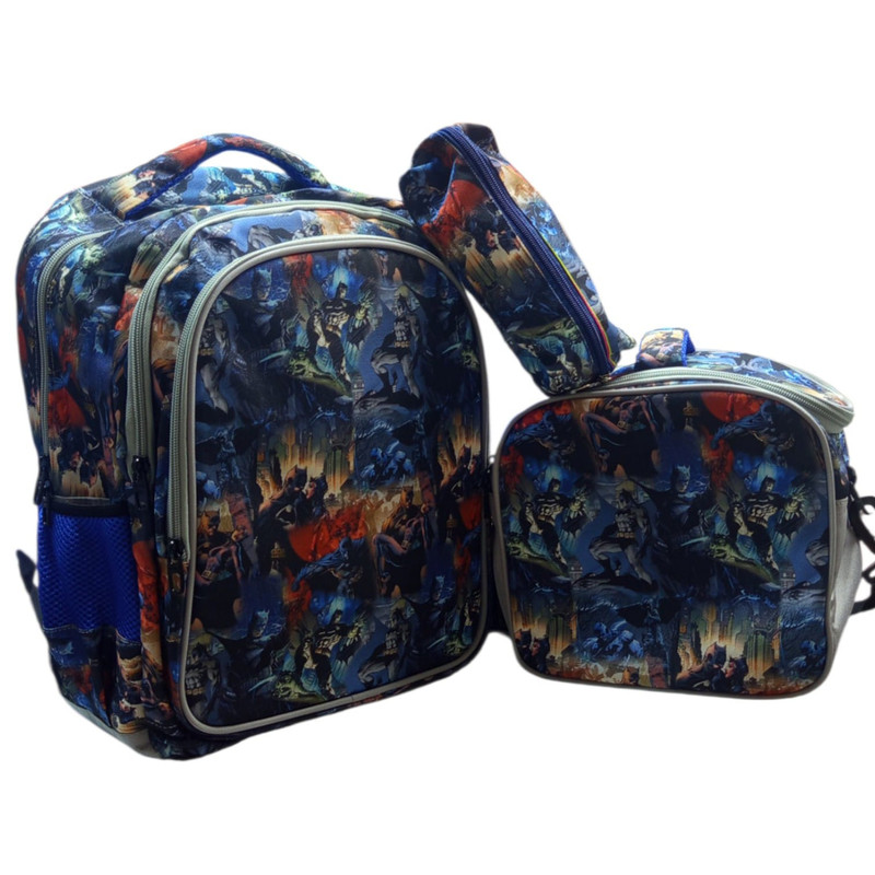 LEADERS - Cartable Scolaire 3 Pièces Avec Chariot - Cartable + Trousse + Porte-Goûter Isotherme - Motif Batman - Bleu 2