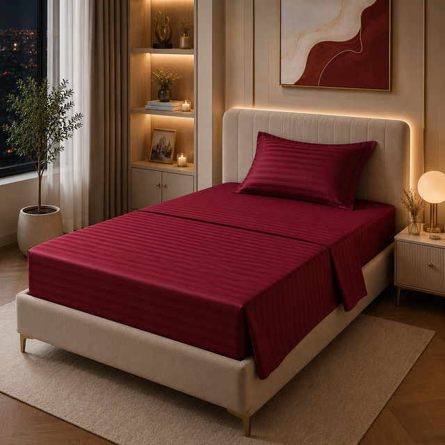 All&More - Parure de Lit 1 Place Motif Rayures - 120×200+30 cm - Bordeaux