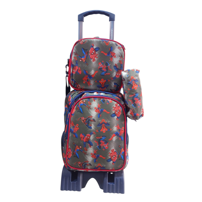 LEADERS - Cartable Scolaire 3 Pièces Avec Chariot - Cartable + Trousse + Porte-Goûter Isotherme - Motif Spiderman - Gris