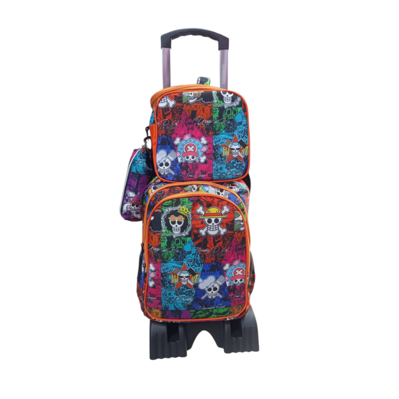 LEADERS - Cartable Scolaire 3 Pièces Avec Chariot - Cartable + Trousse + Porte-Goûter Isotherme - Motif Pirate - Multicouleur