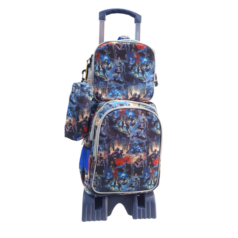 LEADERS - Cartable Scolaire 3 Pièces Avec Chariot - Cartable + Trousse + Porte-Goûter Isotherme - Motif Batman - Bleu