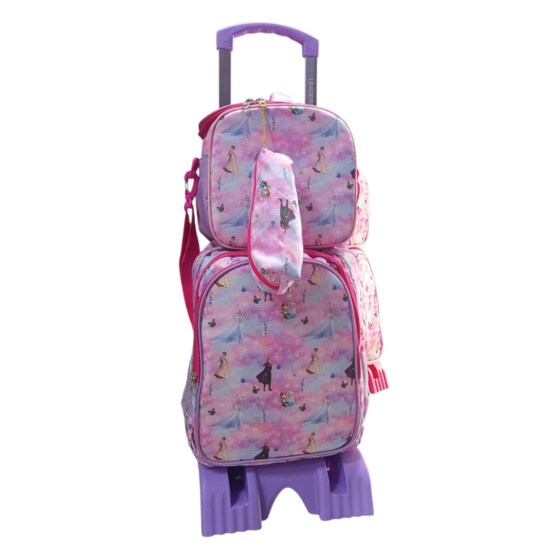 LEADERS - Cartable Scolaire 3 Pièces Avec Chariot - Cartable + Trousse + Porte-Goûter Isotherme - Motif Princess - Rose