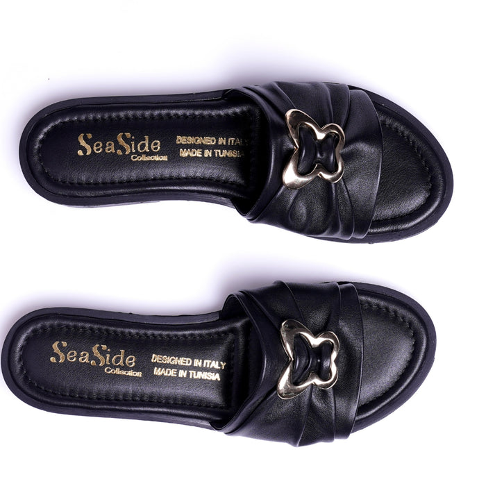 Seaside - Claquette cuir plat avec accessoires E26-2027 - Noir 3