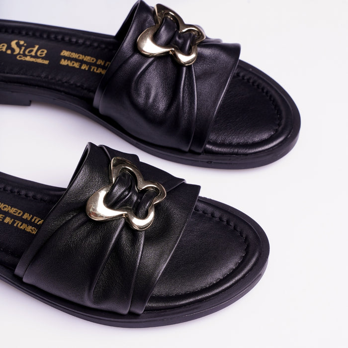 Seaside - Claquette cuir plat avec accessoires E26-2027 - Noir 4