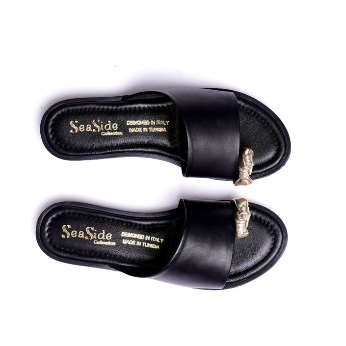 Seaside - Claquette Cuir Plate avec Nud Doré E26-1030 - Noir 2