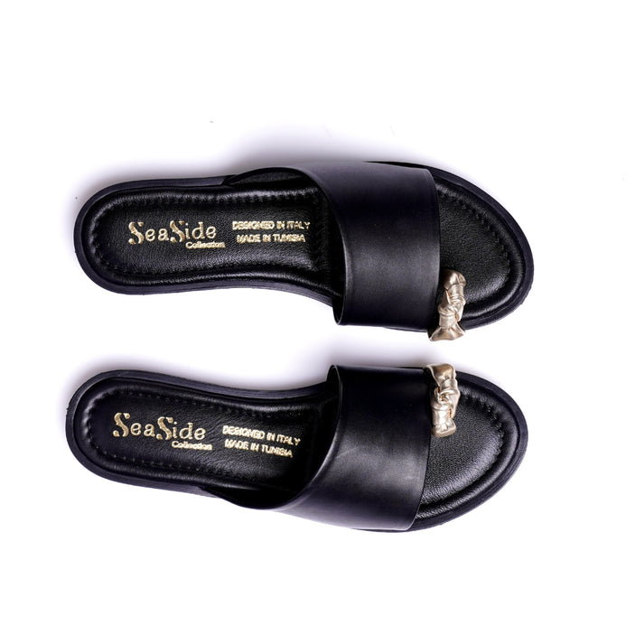 Seaside - Claquette Cuir Plate avec Nud Doré E26-1030 - Noir 4