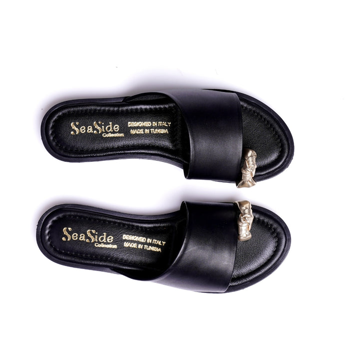 Seaside - Claquette Cuir Plate avec Nud Doré E26-1030 - Noir 6