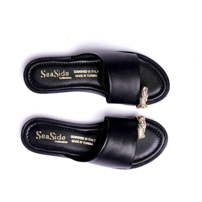Seaside - Claquette Cuir Plate avec Nud Doré E26-1030 - Noir 7