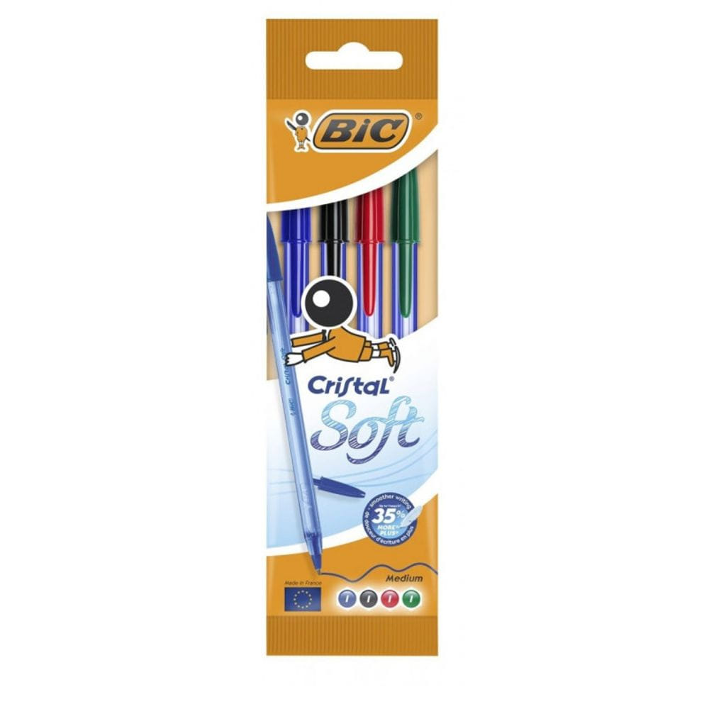 BIC - BIC Cristal Soft Stylos-Bille Pointe Moyenne (1 -2&nbsp;mm) avec Encre "Easy Glide" - Couleurs Assorties - Lot de&nbsp;4
