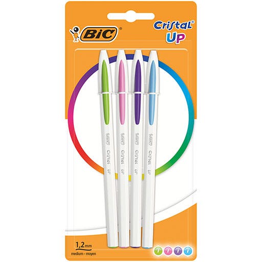 BIC - BIC Cristal Up Stylo-Bille Pointe Moyenne - Couleurs Fantaisies Assorties - Blister de 4