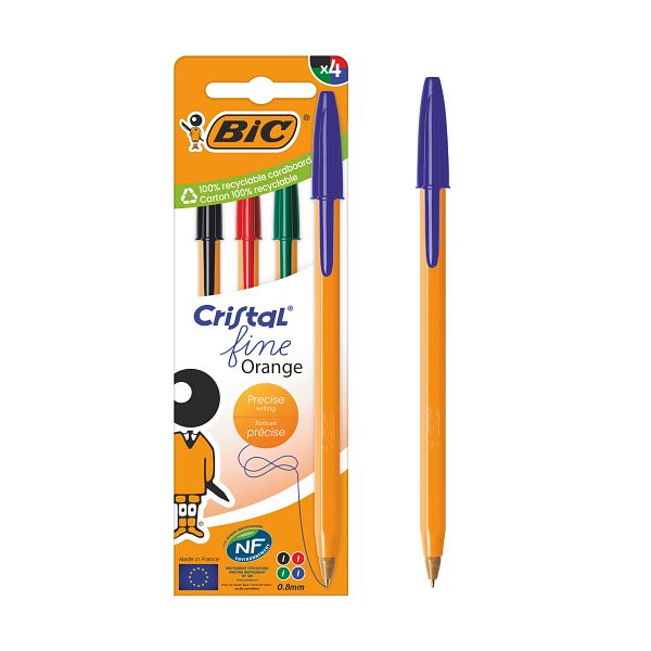 BIC - BIC Cristal Orange Original Fine Stylos-Bille Pointe Fine - Couleurs d’Encre Assorties - Lot de 4
