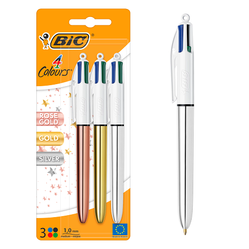 BIC - BIC 4&nbsp;Couleurs Shine Stylos-Bille Pointe Moyenne (1 -0&nbsp;mm) - Corps Or Rose - Argent et Doré - Blister de 3