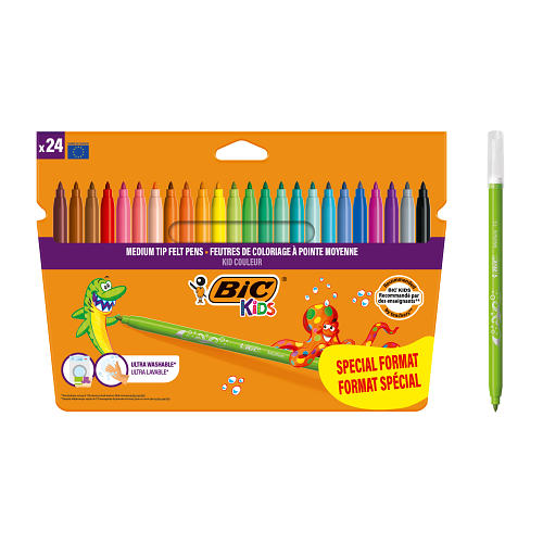 BIC – BIC Kids Kid Couleur Feutres de Coloriage à Pointe Moyenne – Couleurs Assorties – Etui Carton Format Spécial de 24