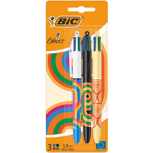 BIC - BIC 4 Couleurs Décors Stylo-Bille Rétractable Pointes Moyennes (1 -0 mm) Série Retro Lines - Couleurs Classiques - Pack de 3