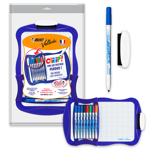 BIC - BIC Velleda Ardoise Effaçable à Sec Double Face (21 x 31 cm) avec 8 Marqueurs et Effacette - bleu - blister de 1+8