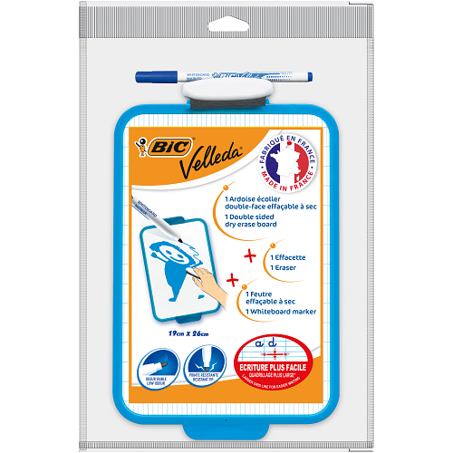 BIC - BIC Velleda Ardoise Ecolier Double Face (19 x 26 cm) Effaçable à Sec avec Feutre Bleu Effaçable à Sec et Effacette - Turquoise - Lot de 1
