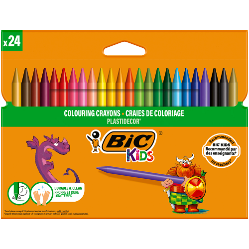 BIC - BIC Kids Plastidecor Craies de Coloriage - Couleurs Assorties - Etui Carton de 24