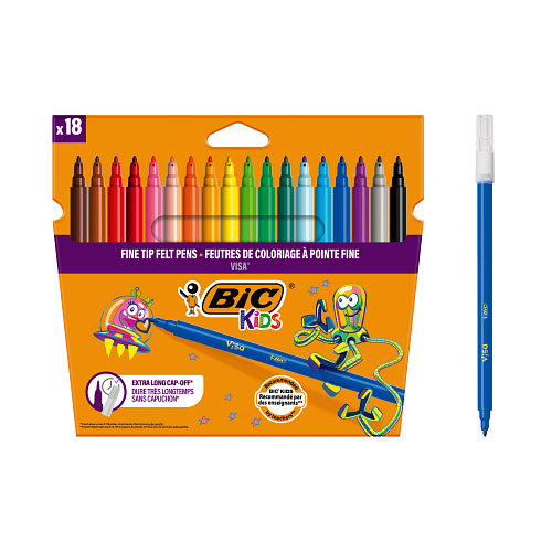 BIC - BIC Kids Visa Feutres de Coloriage à Pointe Fine - Couleurs Assorties - Etui Carton Format Spécial de 18