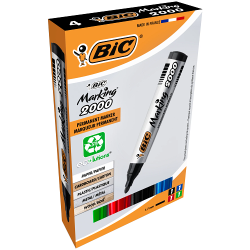 BIC Marking 2000 ECOlutions Marqueurs Permanents à Pointe Conique Moyenne - Couleurs Assorties - Etui Carton de 4